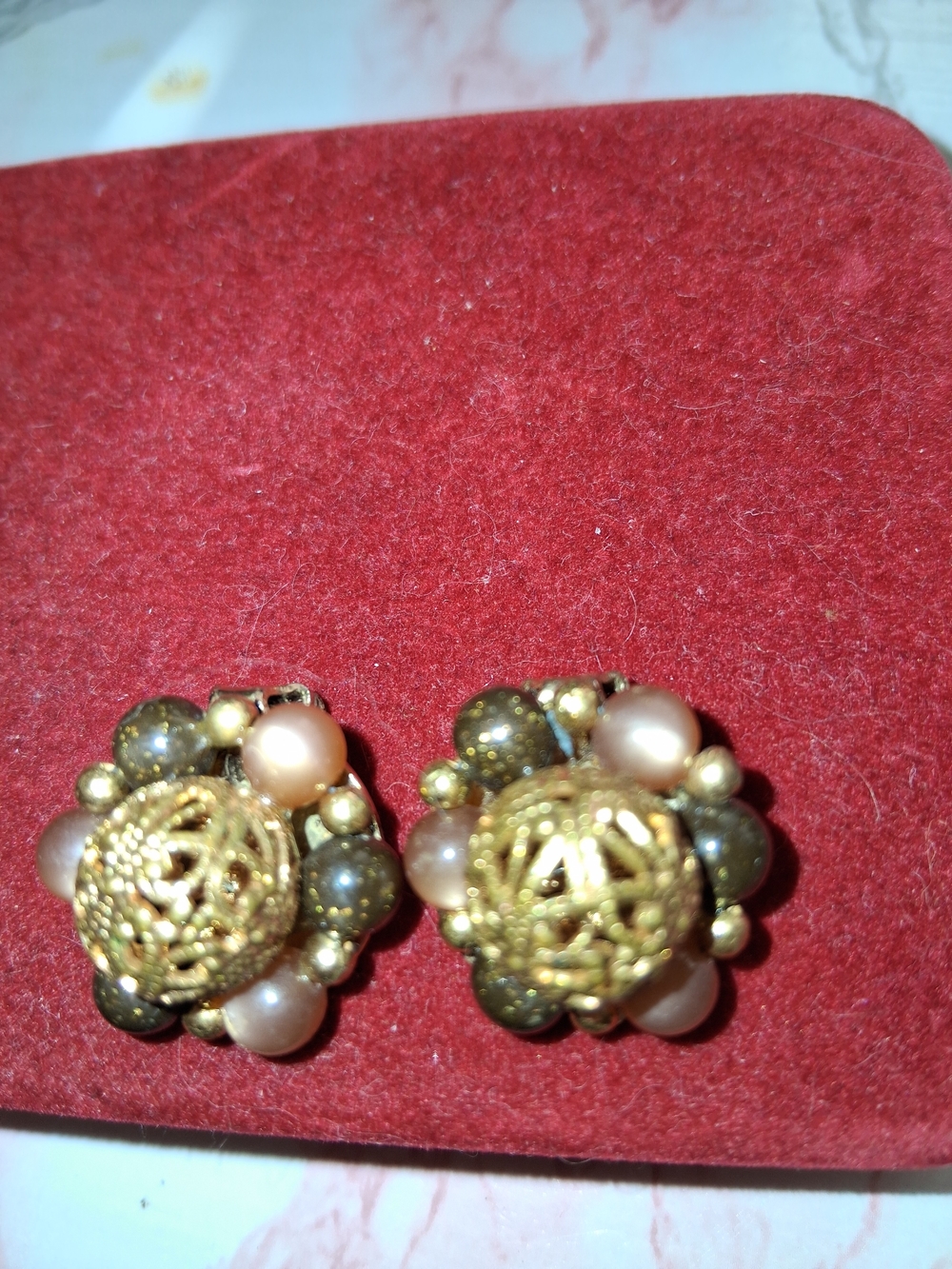 Source Unknown Gold Filigree Cluster Earrings with Pink Pearls and Olive Beads